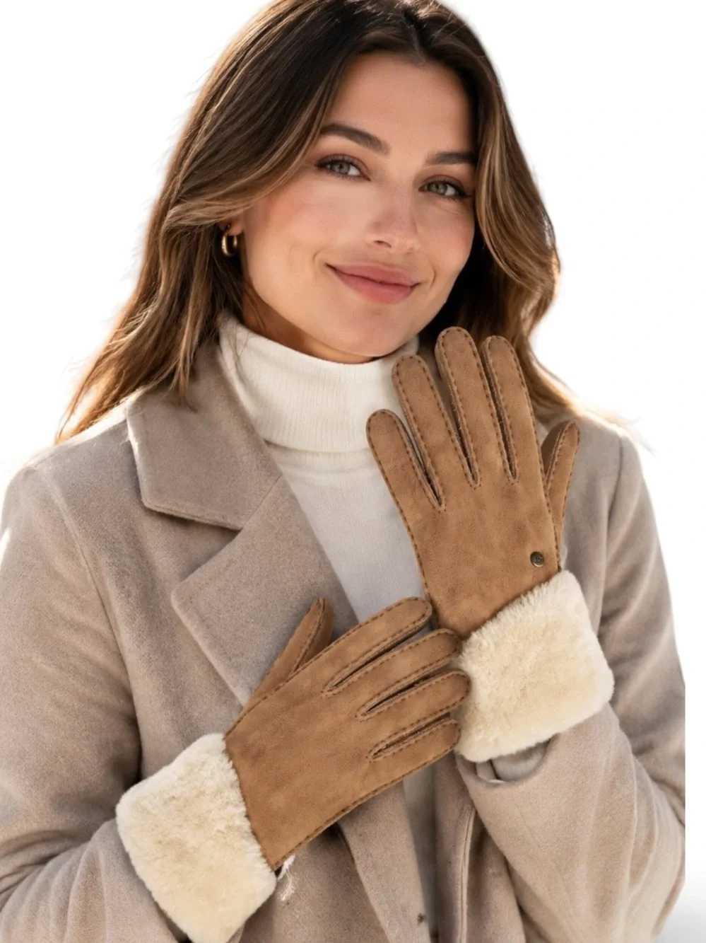 UGG Shearling Fur Cuff Tech Touch Zip Gloves Chestnut Cream Small NWT